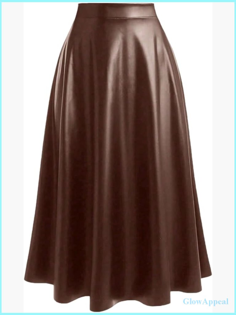 Plus Size Faux Leather Skirt High Waisted A-Line Long Flowy Night Out Skirt